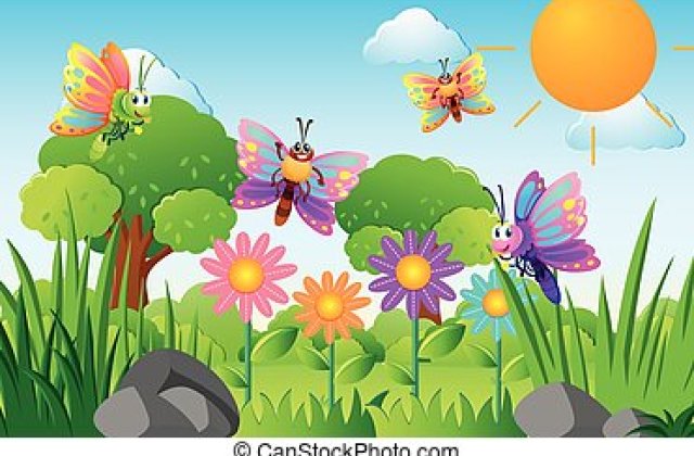 Csodás zöld réten,
a tavaszi napsütésben,
négy kis pillangó,
vidáman repked, s 
a rét virágaira száll,
a napocska sugarai 
melegen sütnek, s 
a boldog színes kis 
pillangók, a vízpartra 
is gyűlnek.
Kis tavacska ez,
kaviccsal rakott,
bárány...