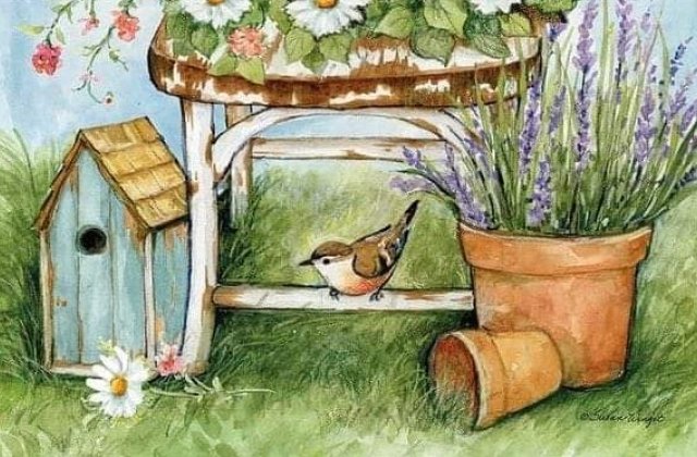 Nagymama udvarán a levenduláscserép mellett,kis madár etető,s van rajta cserép tető!
Kis kertecske udvarán,az elhagyatottmadár etetőből,verébkének lettpici kis háza.
Nagymama mindig tesz bele magot,a ...