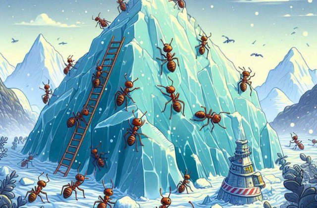 Egy hatalmas jéghegy előtt
tanakodnak a hangyák.
Megjött most a kalandvágyuk,
ezt a hegyet megmásszák.
 
Nem is könnyű a feladat
hatalmas a magasság.
Óriási ez a jéghegy,
nagyon kicsik a hangyák.
...