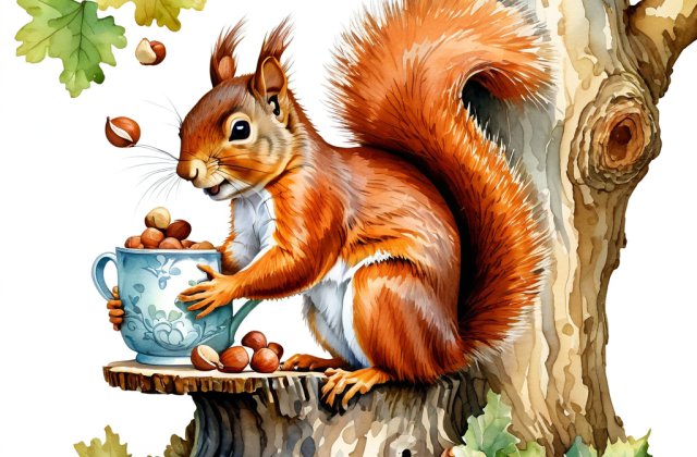 Az erdei mókus egy napon arra gondolt,
odújában megnyit egy kis mogyoróboltot.
Úgy vélte, hogy jó móka lesz mogyorók közt lenni,
amit estig nem adna el, mind meg lehet enni.
Ha a hasa tele lesz majd...