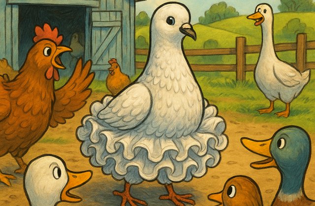 Fent, a messzi dombvidéken, cseppnyi farmnak fészerében, nagy volt ám a meglepetés! Vendég érkezett a héten. Jött egy galamb fodros lábbal, habos -...